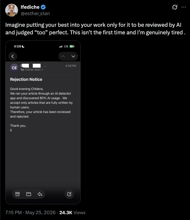 Imagine putting your best into your work only for it to be reviewed by AI and judged "too" perfect. This isn't the first time and I'm genuinely tired